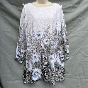 Roller Rabbit Blue White Black Floral Ruffled Swiss Dot Dress Sz S Mini